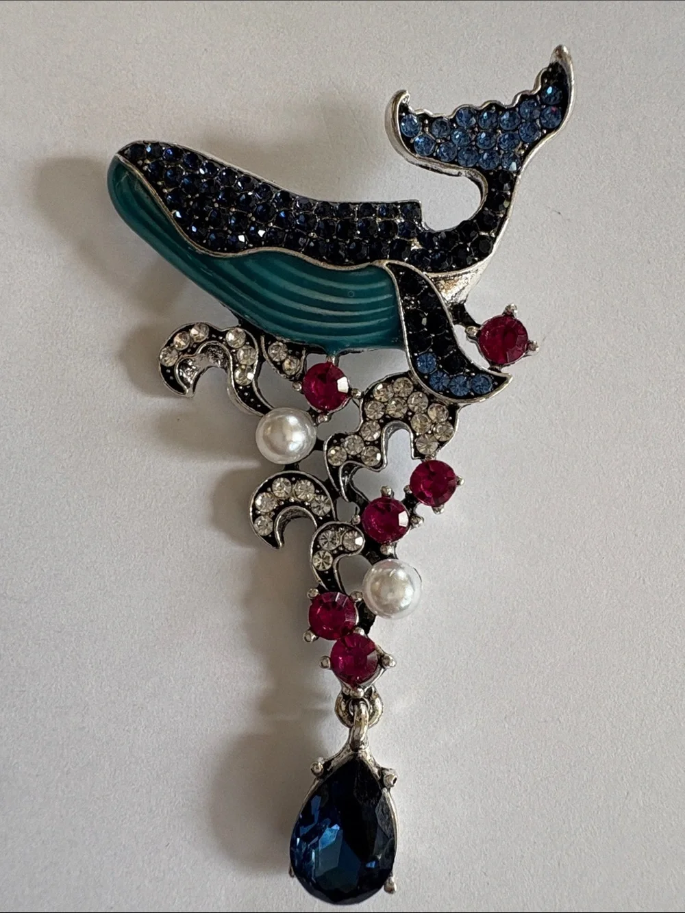 Whale Pendant Brooch with Blue Teardrop and Ruby Accents